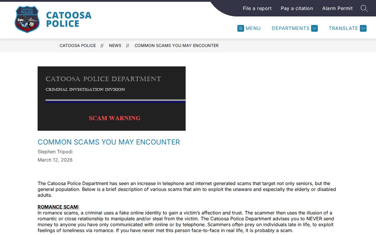 Catoosa Police payment warning for warrant records questions