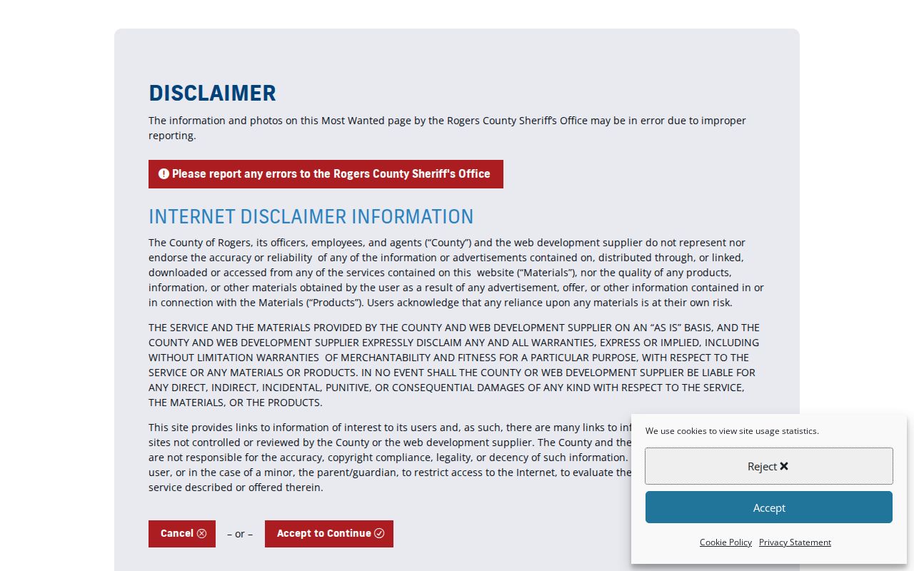 Rogers County active warrants disclaimer and most wanted program
